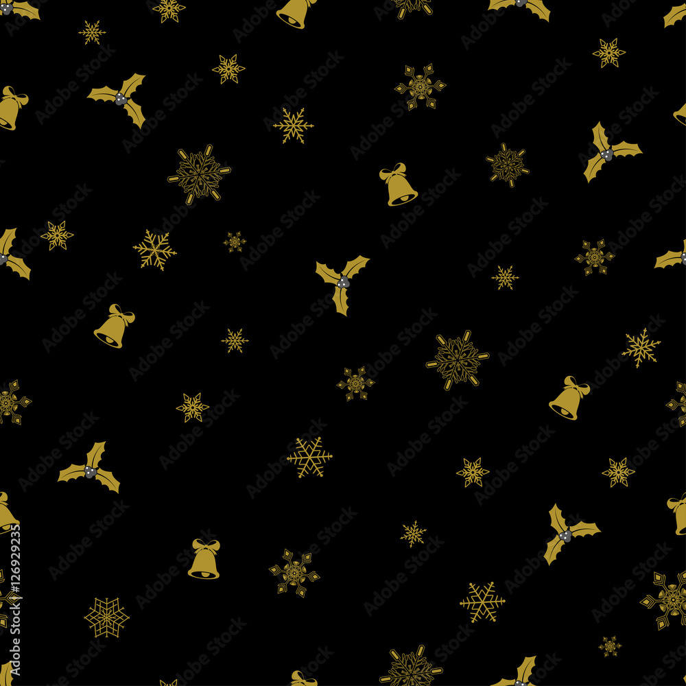 Vector Christmas seamless pattern from golden snowflakes, bells and berry on black background. Vector Christmas seamless pattern from golden snowflakes, bells and berry on black background.