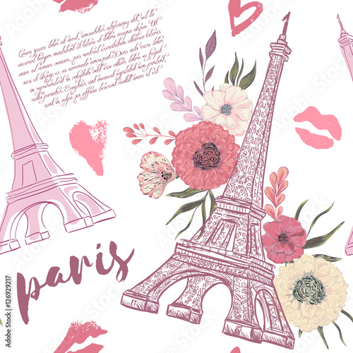 Paris. Vintage seamless pattern with Eiffel Tower, kisses, hearts and floral elements on white background. Retro hand drawn vector illustration in watercolor style.