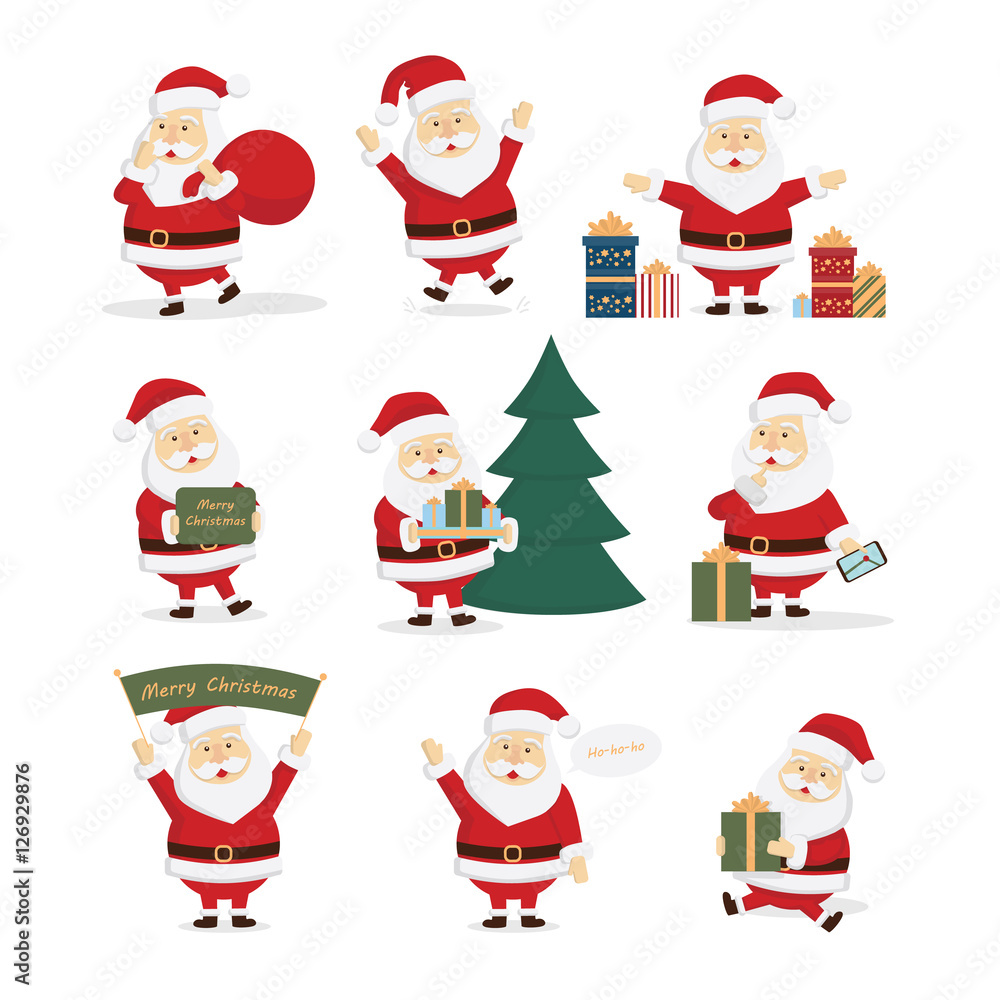 Santa Claus set. Happy smiling Santa with gifts, christmas tree and merry christmas signs. Art for decoration.