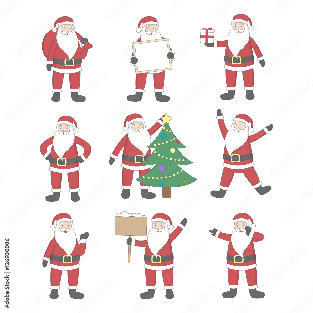 Santa Claus set. Happy smiling Santa with gifts, christmas tree and merry christmas signs. Art for decoration. Santa Claus set. Happy smiling Santa with gifts, christmas tree and merry christmas signs. Art for decoration.