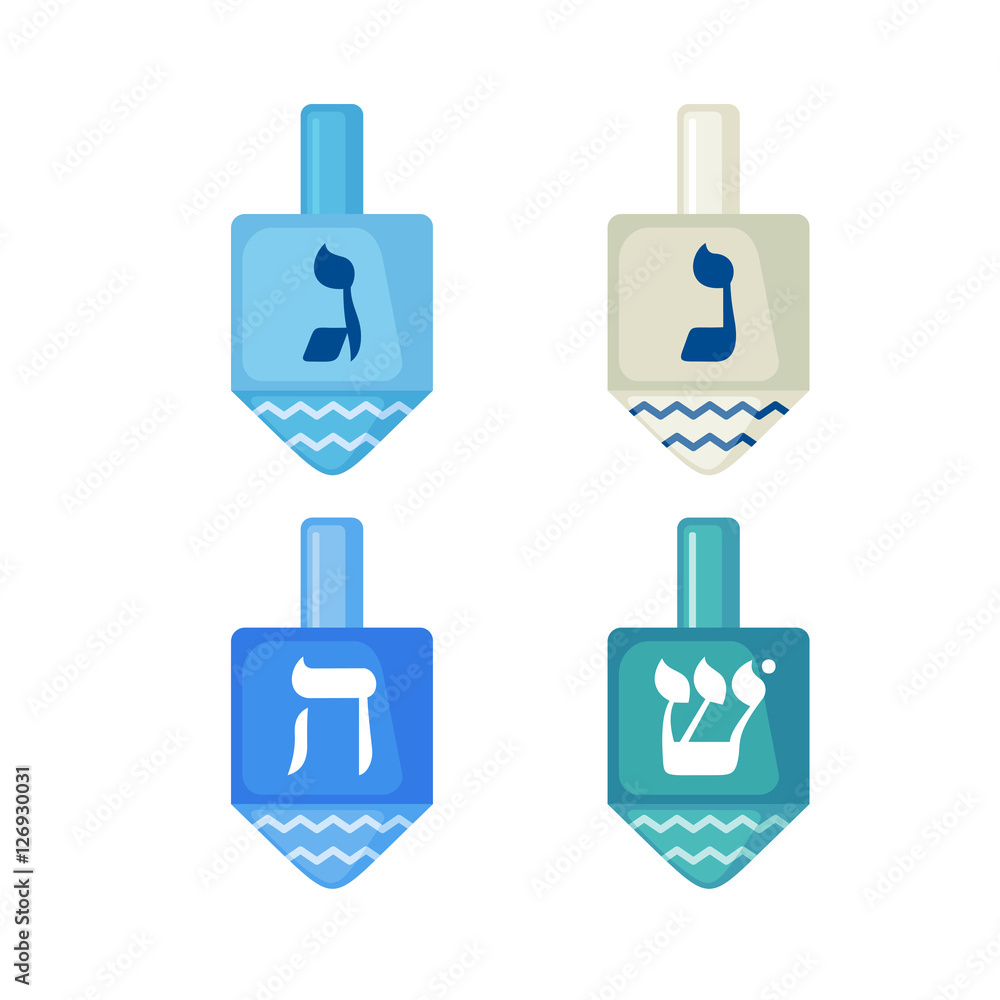 Hanukkah dreidels icons in flat style. Hanukkah dreidels icons in flat style.