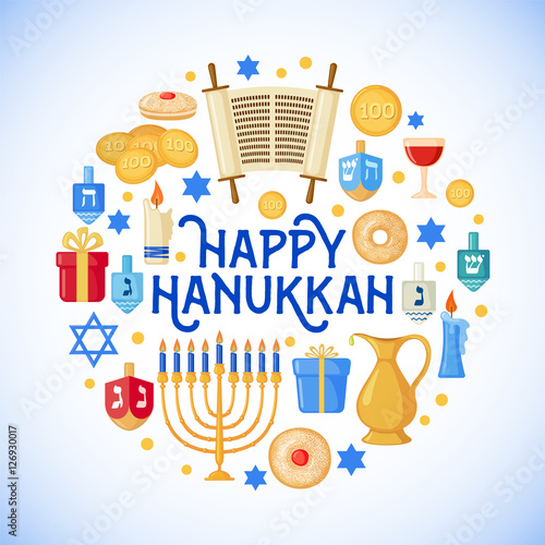 Happy Hanukkah greeting card in flat style.
