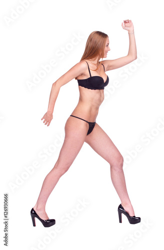 Woman Walking Side View, Sexy Girl in black Underwear, People is