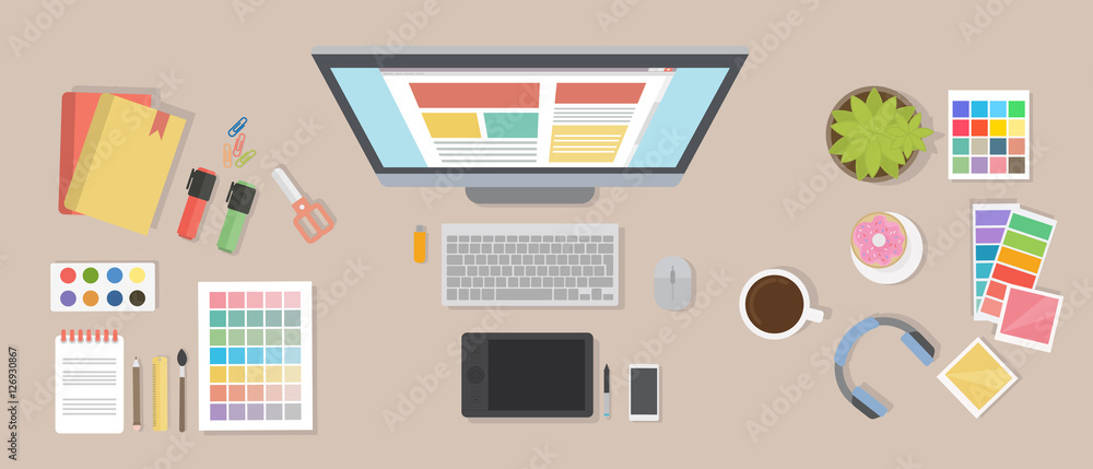 Web designer desk mockup. Desk with computer screen, tablet and drawing tools. Web designer desk mockup. Desk with computer screen, tablet and drawing tools.
