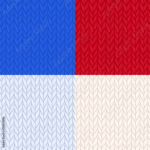 Set of knitted seamless patterns in 4 colors. Warm woolen knitted fabric for winter. Hand drawn seamless background. Vector, added to swatch palette. For backgrounds, packaging and other designs.
