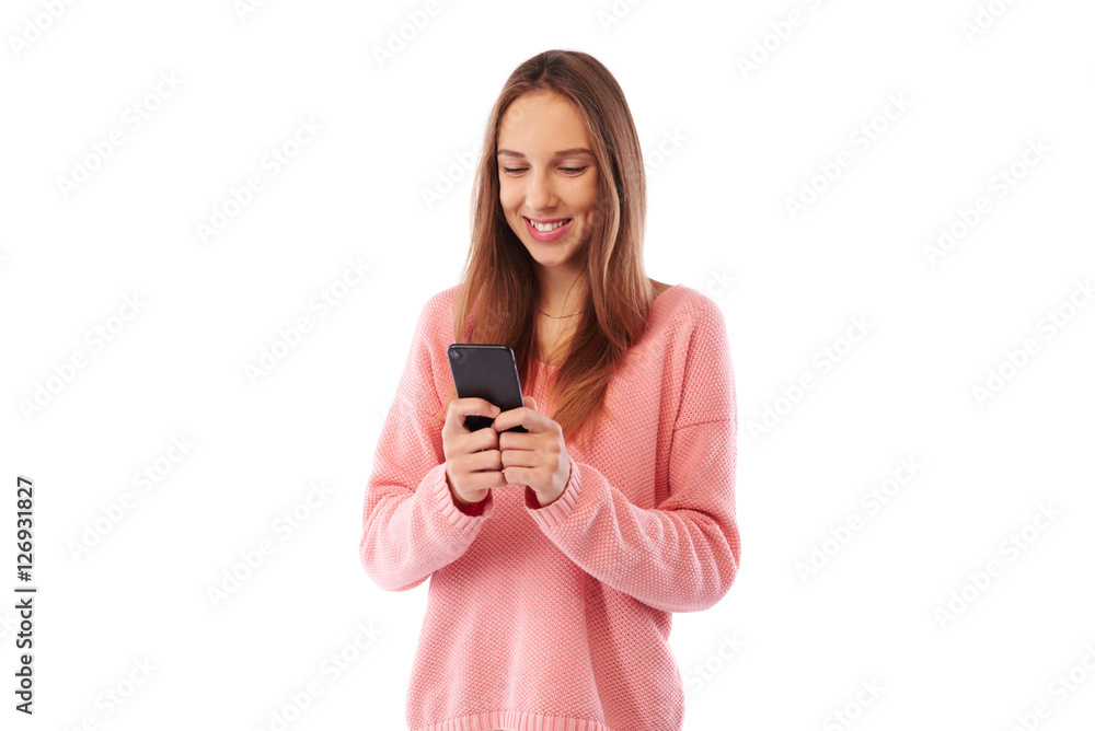 Girl posing with big toothy smile while receiving good news from Girl posing with big toothy smile while receiving good news from