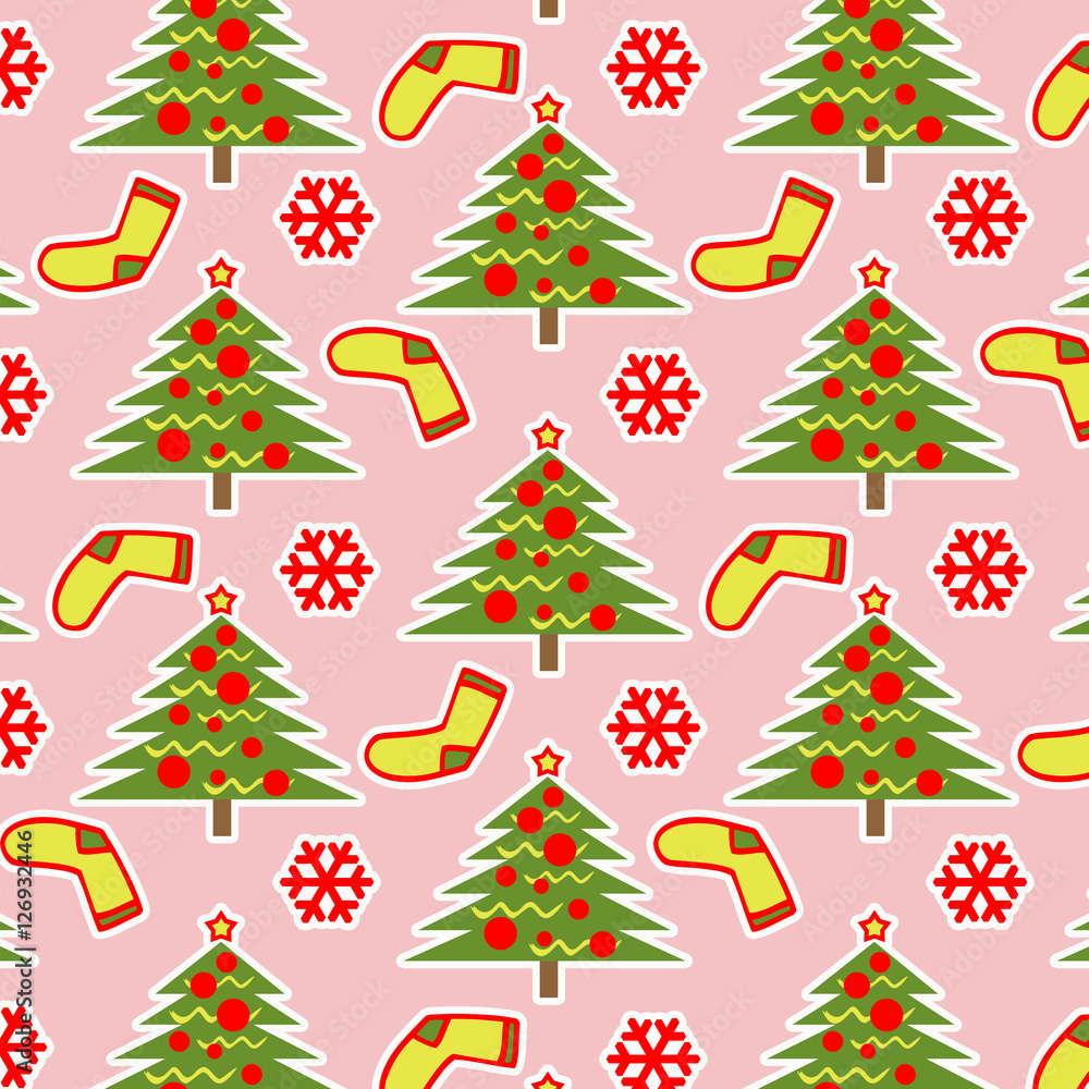 
Christmas pattern. Background. Christmas tree, Christmas socks and snowflake