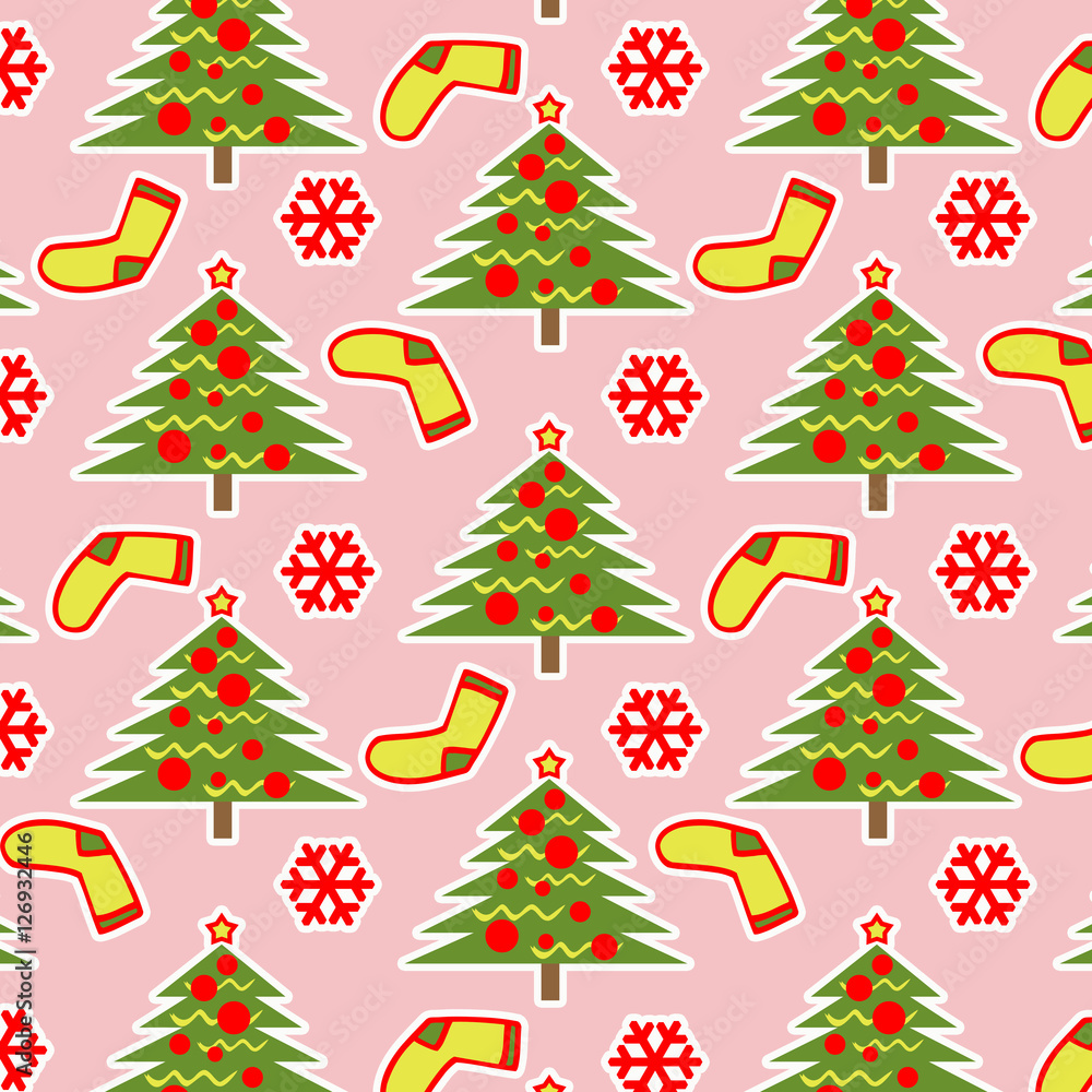 Christmas pattern. Background. Christmas tree, Christmas socks and snowflake
Christmas pattern. Background. Christmas tree, Christmas socks and snowflake