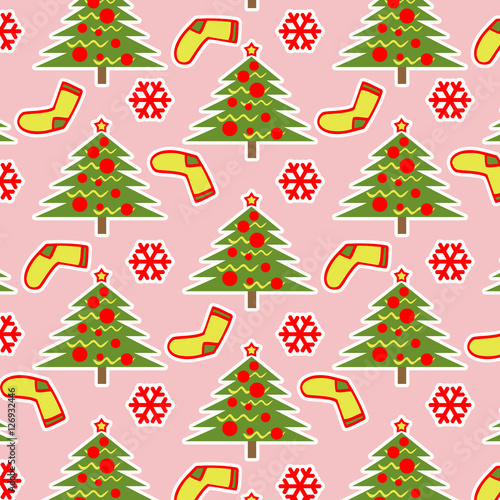  Christmas pattern. Background. Christmas tree, Christmas socks and snowflake