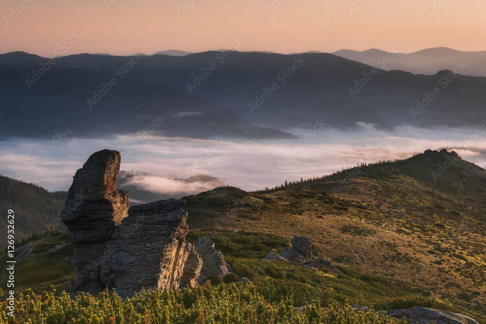 Ukraine. Carpathians. Morning on the Ears stone