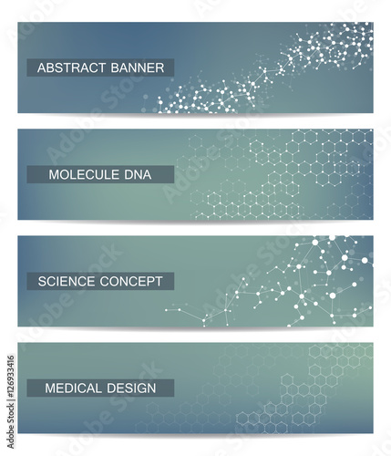 Set of modern scientific banners. Molecule structure DNA and neurons. Abstract background. Medicine, science, technology. Vector illustration for your design.