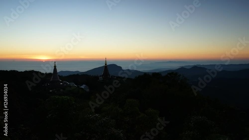 Timelapse morning landscape of two pagodas Noppamethanedol & Noppapol Phumsiri in an Inthanon mountain, Chiang Mai, Thailand.
