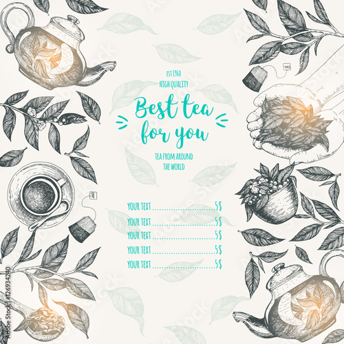 Tea shop frame vector illustration. Vector card design with tea. Tea house poster. Vector hand drawn set. Menu template with teapot, cup, leaves. Linear graphic