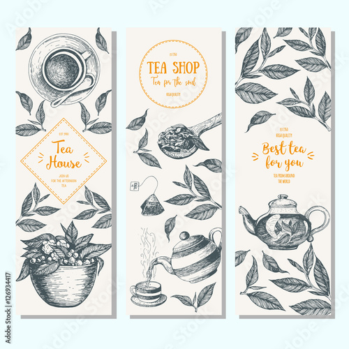 Tea shop banner set. Vertical banner collection for tea design. Linear graphic. Vector illustration.