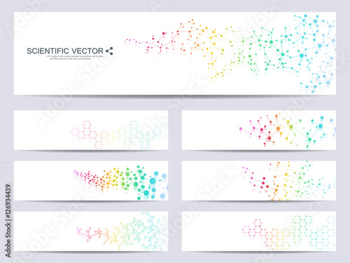 Set of modern scientific banners. Molecule structure DNA and neurons. Abstract background. Medicine, science, technology. Vector illustration for your design.