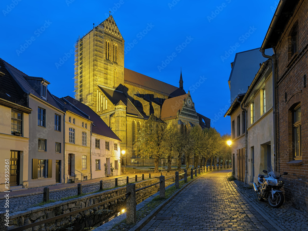 Evening view of St. Nicholas Church in Wismar, Germany
