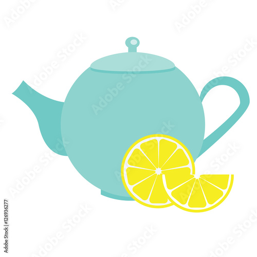 Teapot with lemon. Blue Tea kettle vector illustration