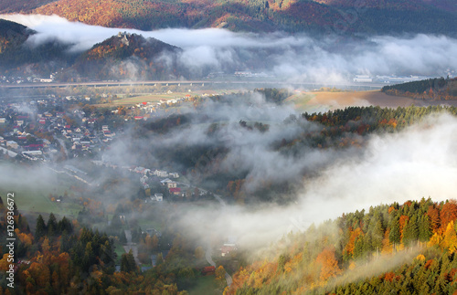 Autumn landscape, Hills and villages with foggy morning, Slovaki © TTstudio