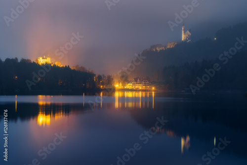 Germany. Bavaria. View of the castle of Neuschwanstein and Hohenschwangau with lake Alpsee