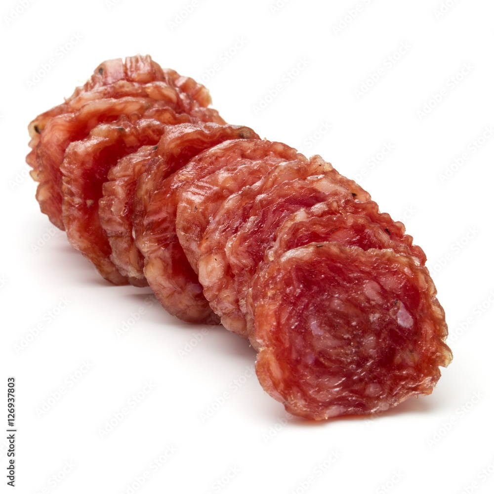 Salami smoked sausage slices isolated on white background cutout Salami smoked sausage slices isolated on white background cutout