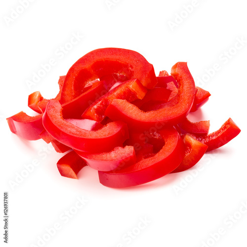 Red sweet bell pepper sliced strips isolated on white background
