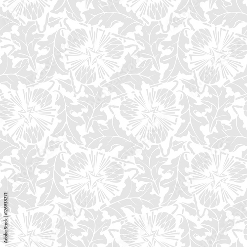 White background with gray stilized leaf and flower. Vector seamless pattern
