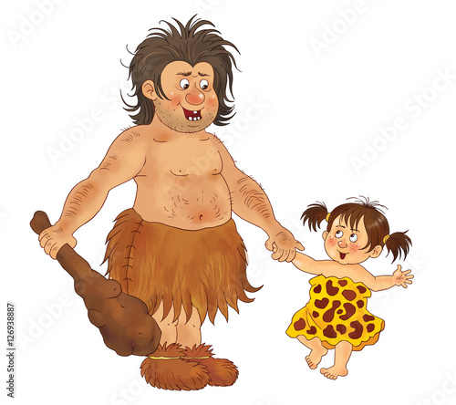 Cave people. Cave family. A caveman with his cute baby daughter. Illustration for children. Coloring book. Coloring page. Cartoon characters isolated on white background.