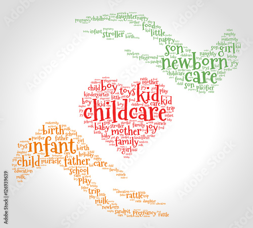 Childcare and Kid. Word cloud, heart between two hands, gradient grey background. Family concept.