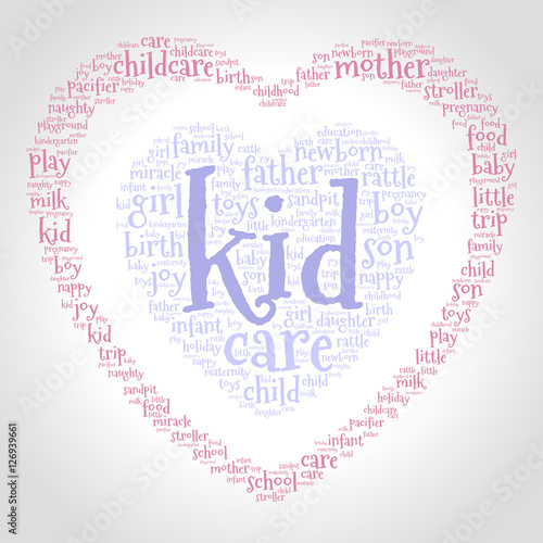 Kid. Word cloud, one heart inside another heart, gradient grey background. Family concept.