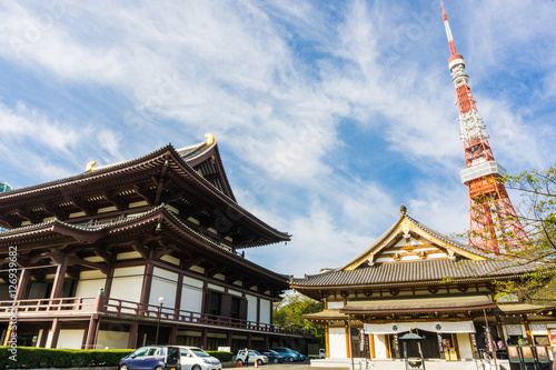 View of Zojo ji Temple and tokyo Tower Blue sky