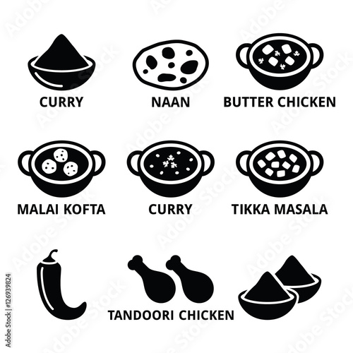 Indian food and dishes - curry, naan bread, butter chicken icons
