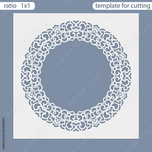 Laser cut wedding invitation card template. Cut out the paper card with lace pattern. Greeting card template for cutting plotter. Photo frame are laser cut from a plate. Vector.