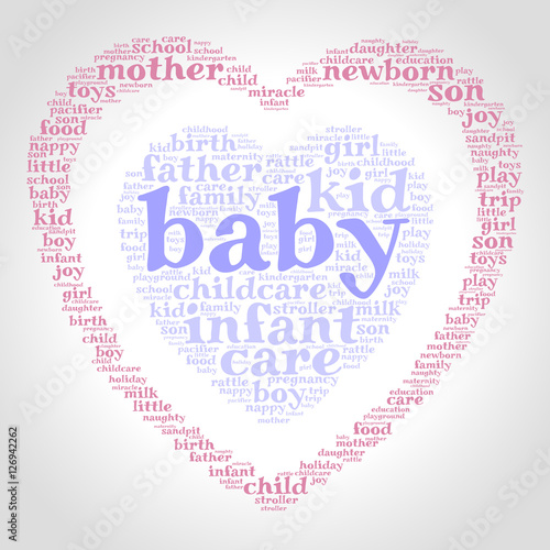 Baby. Word cloud, one heart inside another heart, gradient grey background. Family concept.