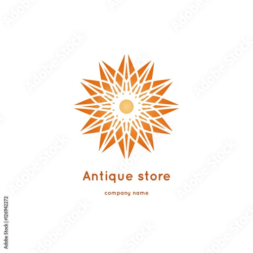 Luxury logotype for antique store. Volumetric golden big bud. Kaleidoscope