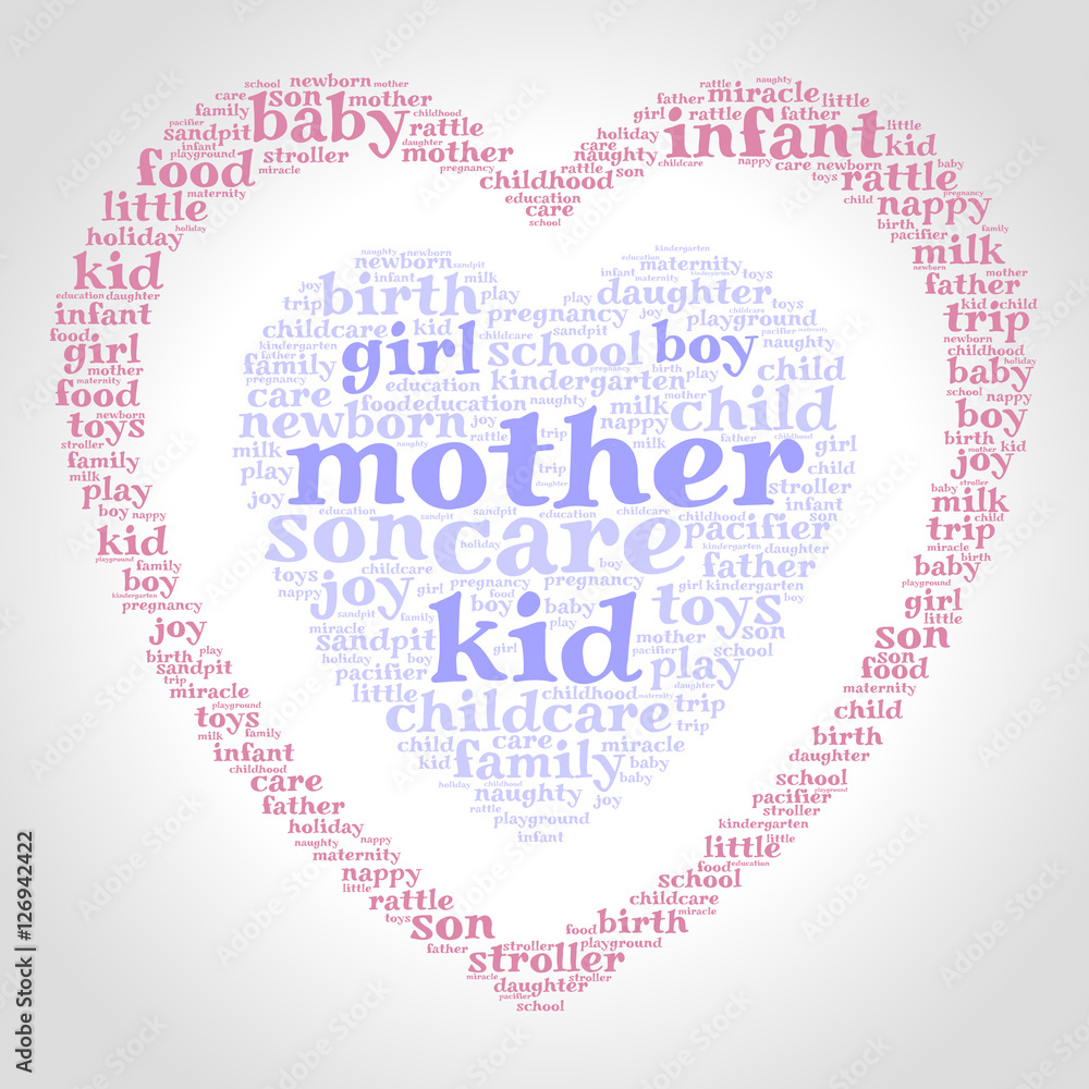 Mother. Word cloud, one heart inside another heart, gradient grey background. Family concept. Mother. Word cloud, one heart inside another heart, gradient grey background. Family concept.