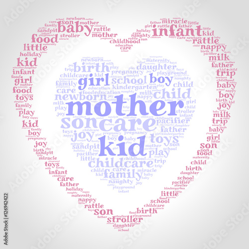 Mother. Word cloud, one heart inside another heart, gradient grey background. Family concept.