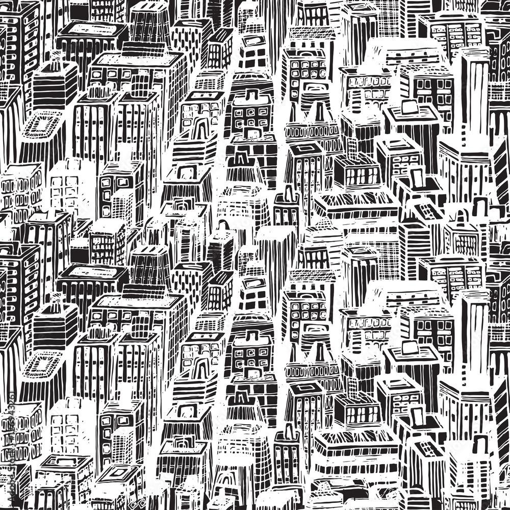 Hand drawn seamless pattern with big city New York. Vector vintage