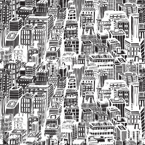 Hand drawn seamless pattern with big city New York. Vector vintage illustration with NYC architecture, skyscrapers, megapolis, buildings, downtown.