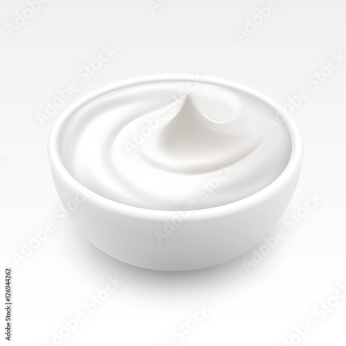 Bowl of Sour Cream Sauce Mayonnaise Ice Cream Close up on White Background