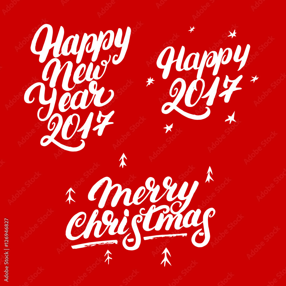 Set of Happy New Year 2017 and Merry Christmas hand written lettering.