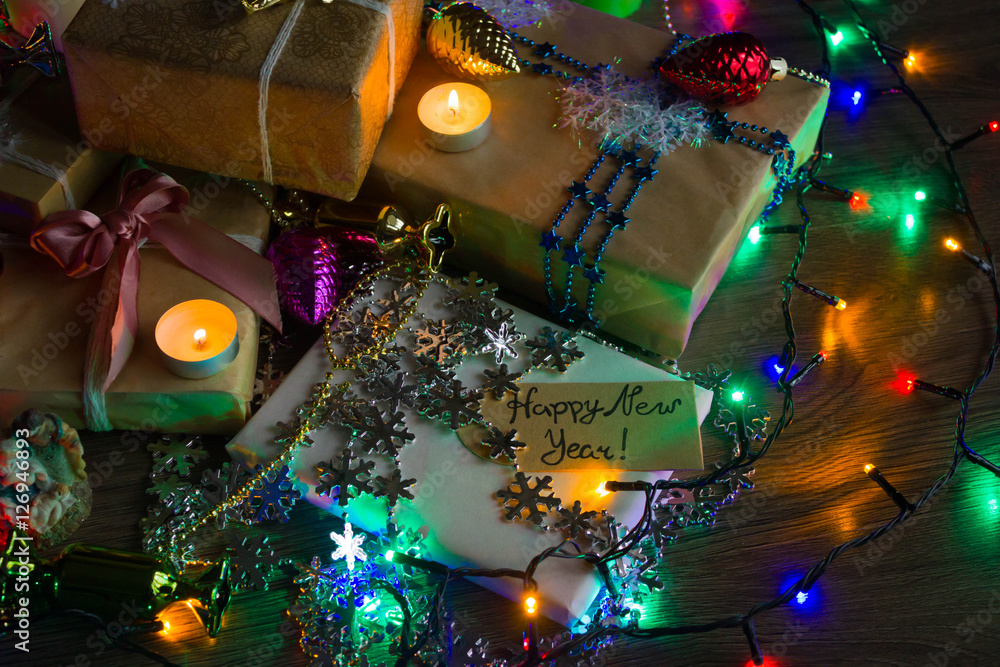 Inscription Happy New Year gifts on background Inscription Happy New Year gifts on background