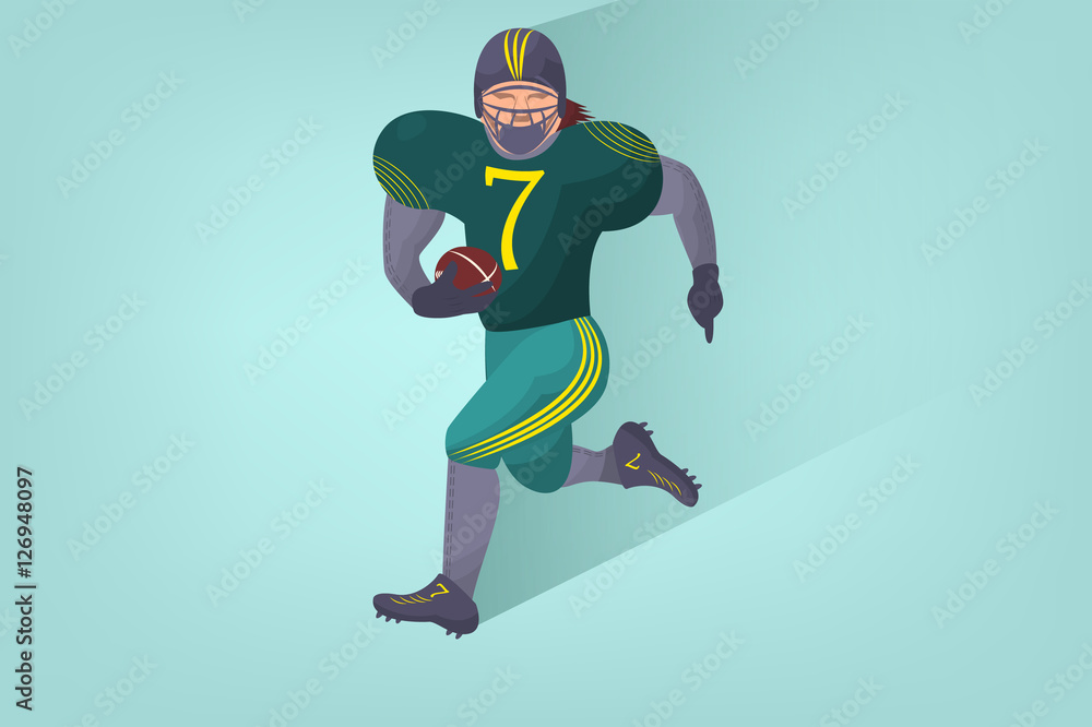Obraz premium Comic american footbal player with ball in flat. Cartoon picture