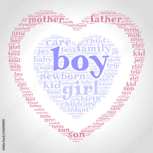 Boy. Word cloud, one heart inside another heart, gradient grey background. Family concept.