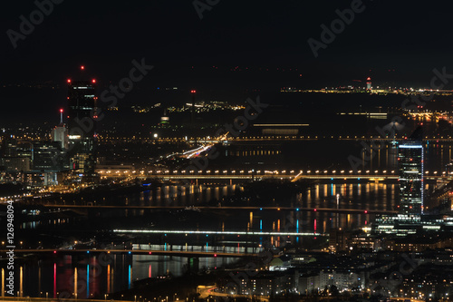 Vienna  aerial view at night with the river danube