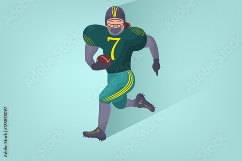 Comic american footbal player with ball in flat. Cartoon picture