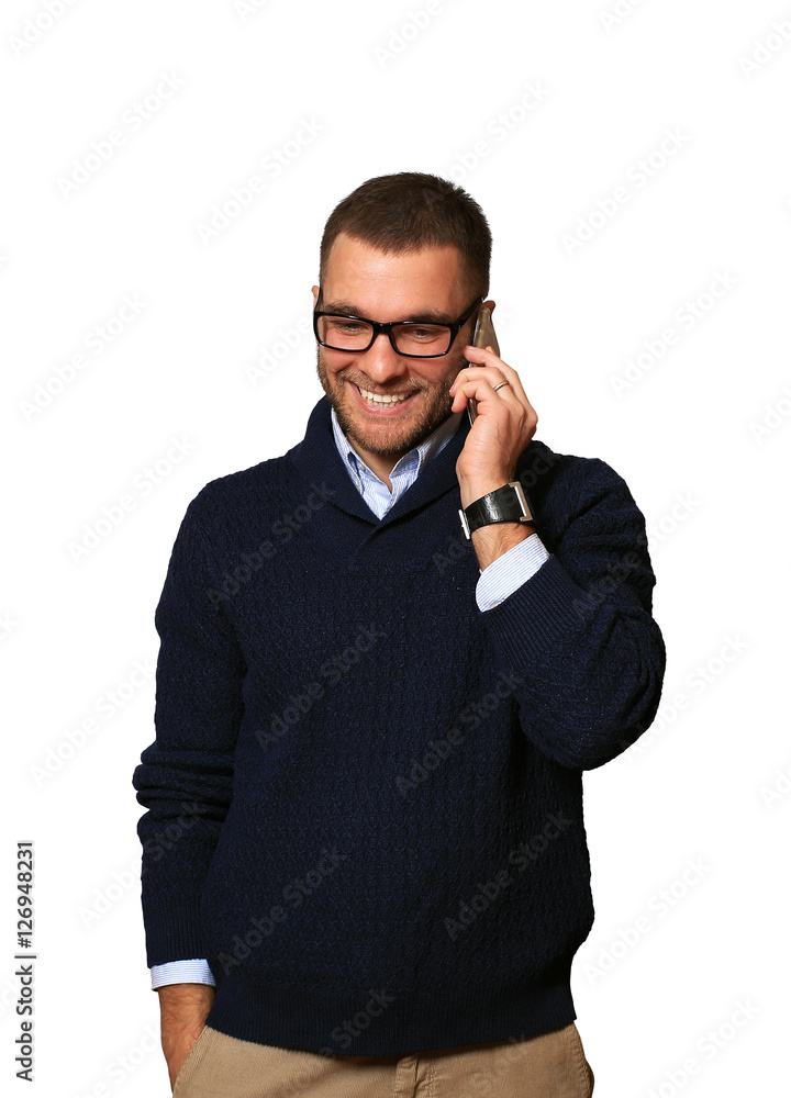 Man calling on mobile phone and smiling Man calling on mobile phone and smiling