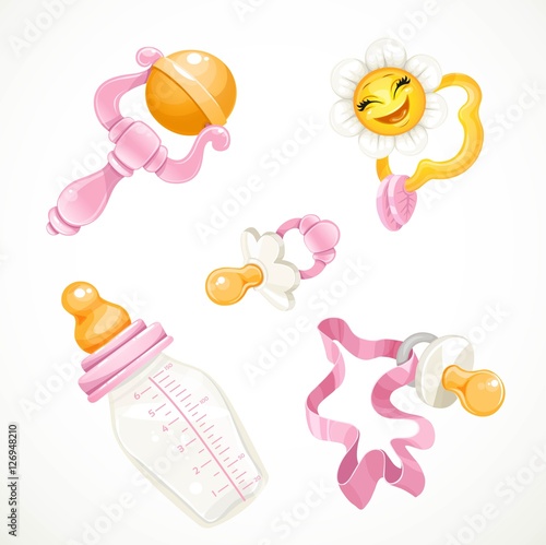 Set of pink items for the baby bottle, pacifier, rattle, toy iso