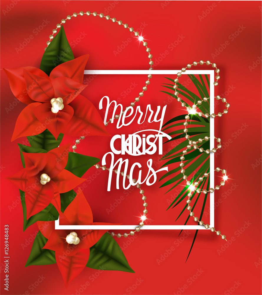 Christmas background with frame, gold beads and poinsettia flowers