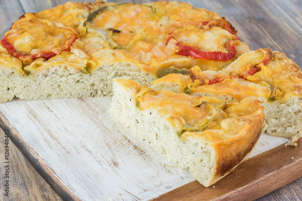 Cut bell pepper cheese focaccia bread. Cut bell pepper cheese focaccia bread.
