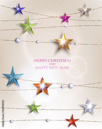 Christmas background with textured sparkling colorful stars with gold strings